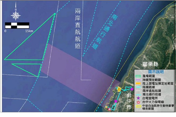 丹麥離岸風電商哥本哈根基礎建設基金(CIP)規劃在台中外海設置渢妙風場,面積約257平方公里,離岸約35公里。圖片來源:擷取自環評書件