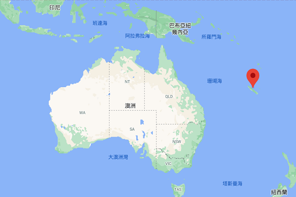 法屬新喀里多尼亞島(紅標處)位在南太平洋/圖:Google Maps網頁