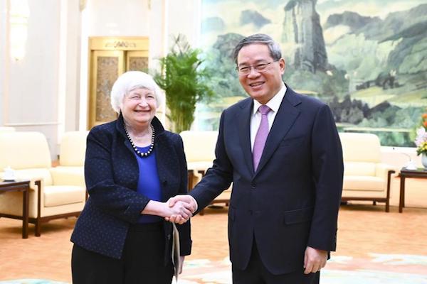 美國財政部長葉倫(Janet Yellen)(圖左)與中國國務院總理李強會面/網路圖片