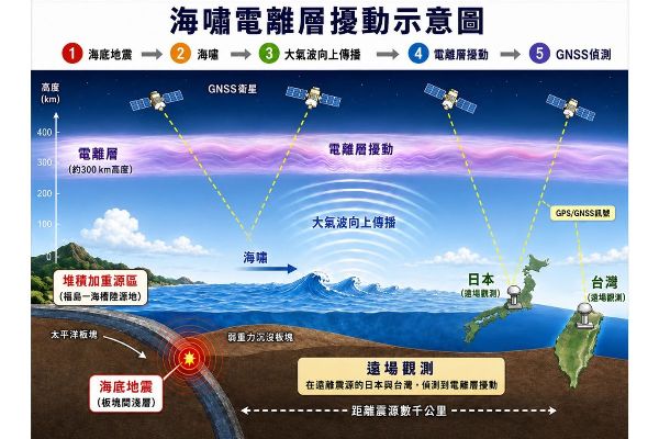 海嘯電離層擾動示意圖,透過GPS電離層觀測,顯示海嘯也會在天空留下足跡。(圖/黃俊雁博士提供)