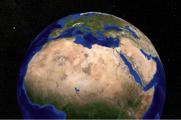 衛星圖顯示撒哈拉沙漠、沙漠邊陲地帶。圖片來源:NASA/Goddard Space Flight Center Scientific Visualization Studio