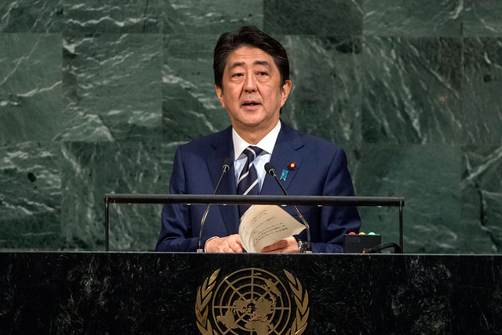 日本首相安倍晉三在72屆聯大一般性辯論中發言。聯合國圖片/Cia Pak